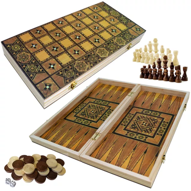 Backgammon Schachspiel Holz Spielbrett 40x40 cm mit Schachfiguren P-14639