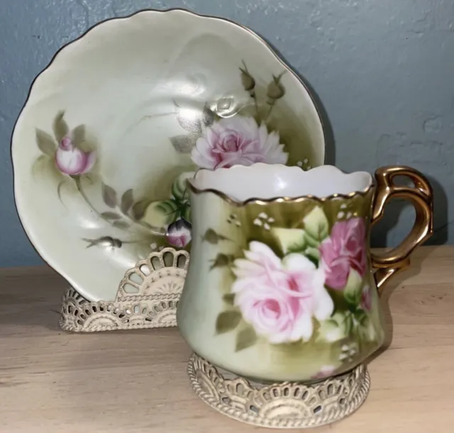 Lefton China Hand Painted Green & Pink Rose Teacup & Saucer Set, Gold Vintage