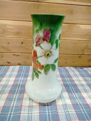 Antique Hand painted Blown Milk glass Vase Floral  Victorian 11 1/2" H