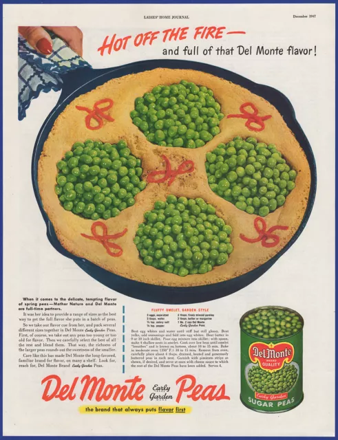 Vintage 1947 DEL MONTE Canned Early Garden Peas Kitchen Art 1940's Print Ad
