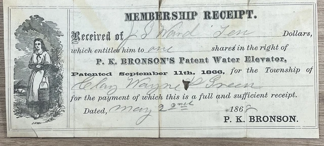 1862 Membership Receipt PK Bronson Water Elevator Clay Green Wayne Township Ohio