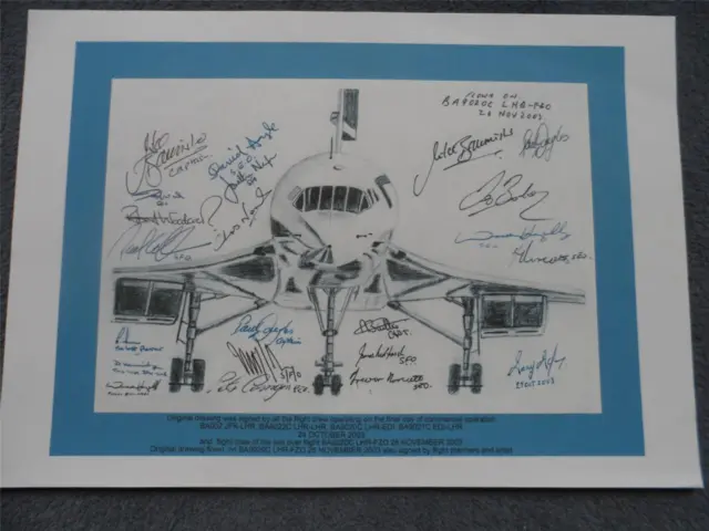 Last flight of British Airways Concorde Crew drawing print fully signed copy