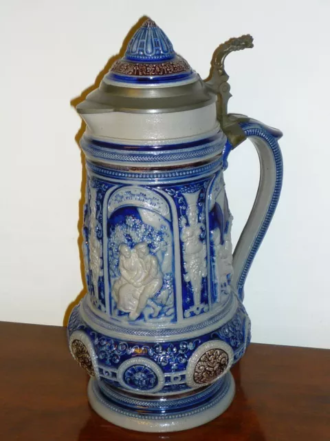 Ancienne Tres Grande Chope A Biere En Gres Bleu D'alsace Ceramique Signee 33 Cm