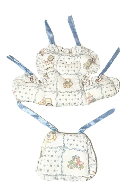 Vintage Baby HIGHCHAIR CUSHION COVER Handmade Teddy Bear White Blue Blocks