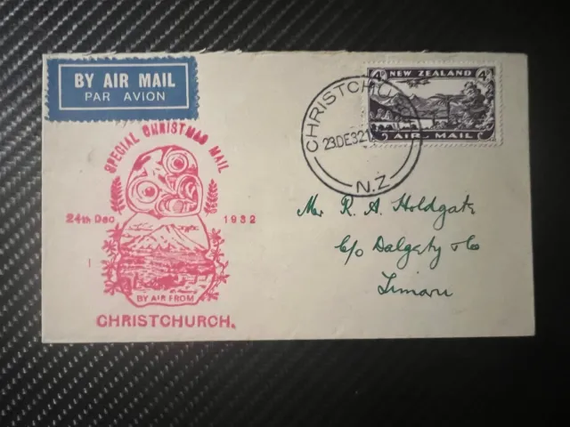 1932 New Zealand Special Christmas Airmail Cover Christchurch to Timaru NZ