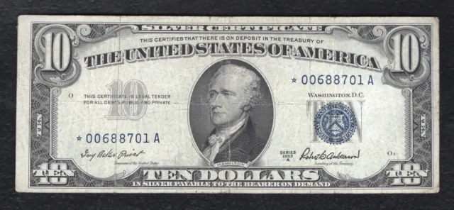 Fr. 1707* 1953-A $10 Ten Dollars *Star* Silver Certificate Currency Note Vf