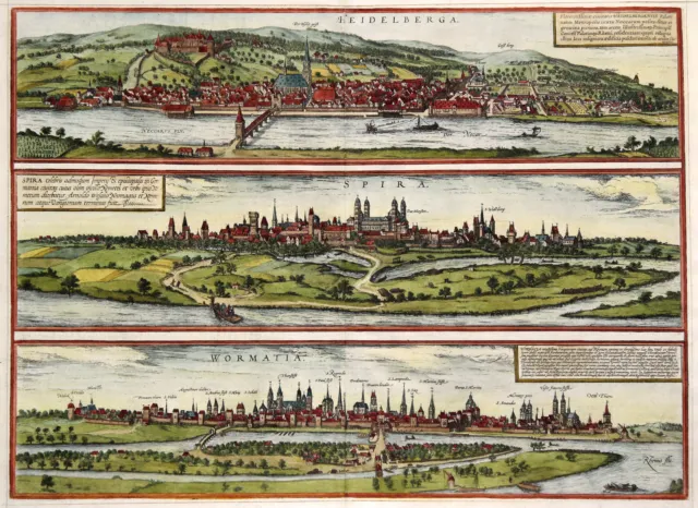 Heidelberg Speyer Worms Original kolorierter Kupferstich Braun Hogenberg 1572