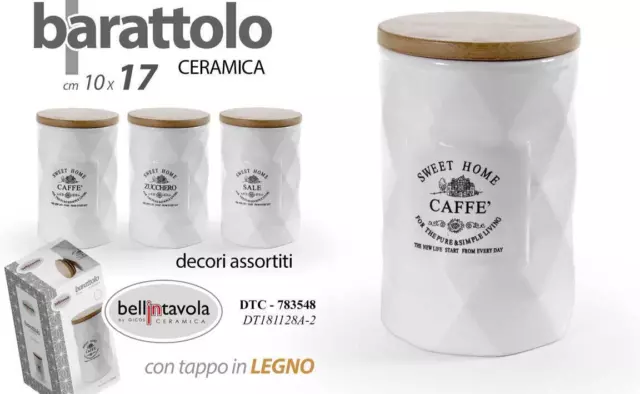 SET 3 Barattoli Sale Zucchero Caffè Tris CERAMICA Contenitore TAPPO LEGNO 17 cm