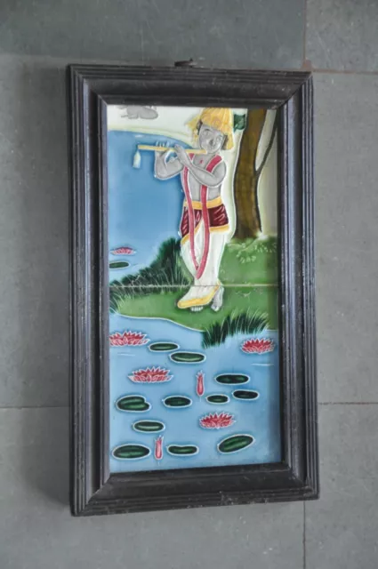 Vintage Framed Lord Krishna Colorful Embossed Ceramic Tile, Japan
