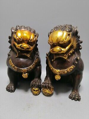 A Pair fengshui Old Carve Gilt Foo Fu Dog Door Lion Ball Guardian copper Statue