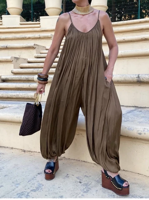 ZARA NEW WOMAN Ss25 Puff-Hem Strappy Zw Pleated Jumpsuit