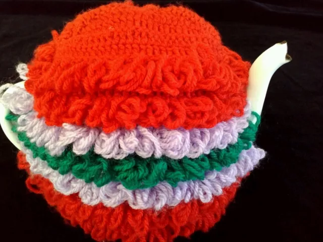 Vintage tea pot cosy cover loopy hairy crochet pattern purple red green new