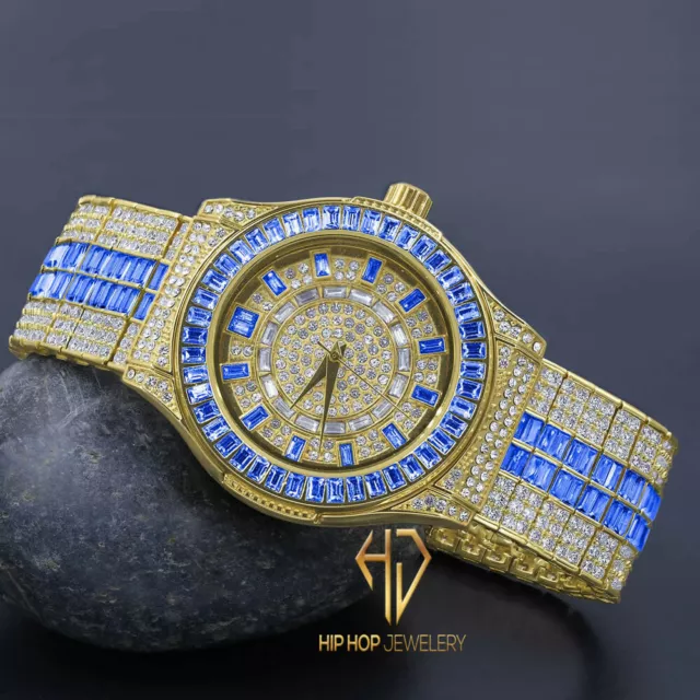 Montre-bracelet de luxe baguette bleue saphir simulée diamant ton or 18 carats 3