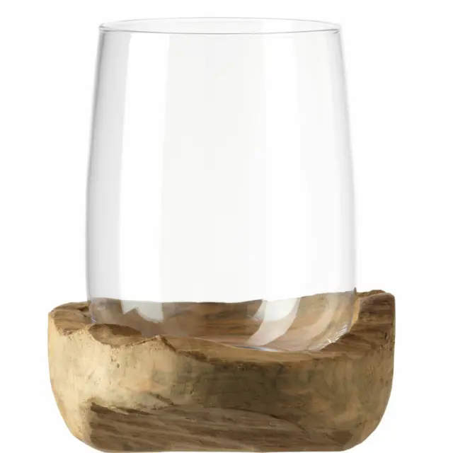 Leonardo Terra Windlicht mit Teaksockel, Teelichthalter, Glas Klar, Holz, 084409