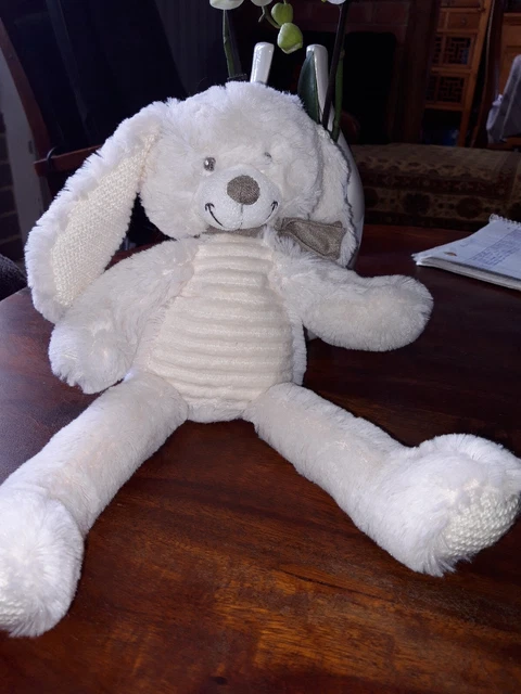 Peluche doudou Lapin Blanc Echarpe Marron  Oreille Patte Tricotées Tex TTBE 40cm