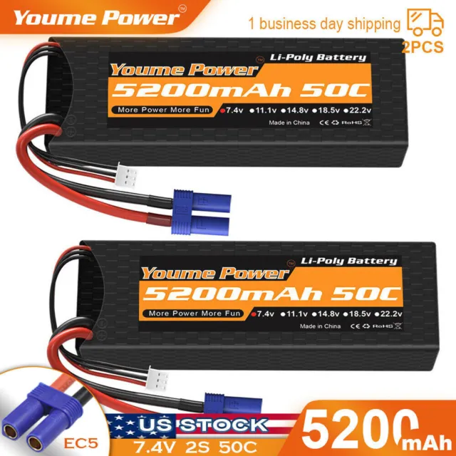 2pcs 7.4V 5200mAh 2S 50C LiPo Battery EC3 for RC Arrma Granite Typhon Car Truck