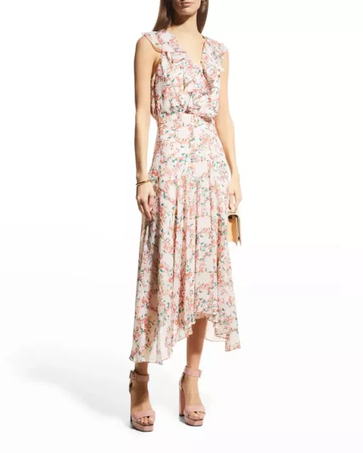 SALONI $500 Rita Ruffle Asymmetric Midi Floral Lined Silk Dress Size US 2