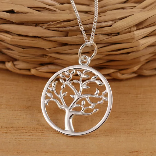 Solid 925 Sterling Silver Tree of Life Pendant Necklace Curb Chain Gift Boxed 2