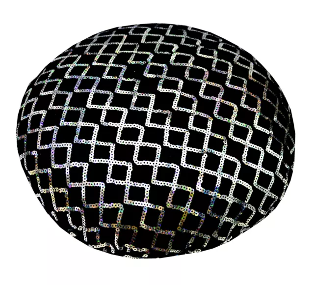 ms01n Black Shimmer Velvet Silver Sequins Checked Diamond Round Cushion Cover