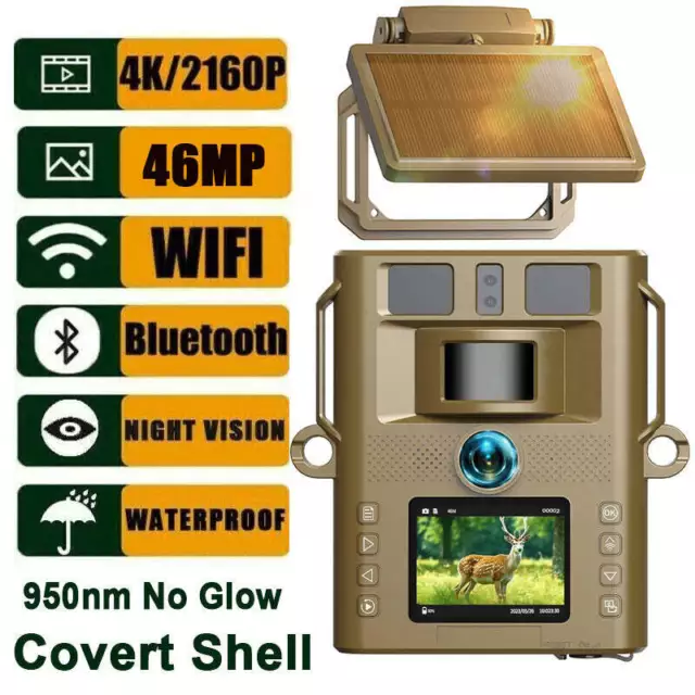 4K Solar WiFi Wildlife Camera 46MP Trail Hunting Camera No Glow Night Vision