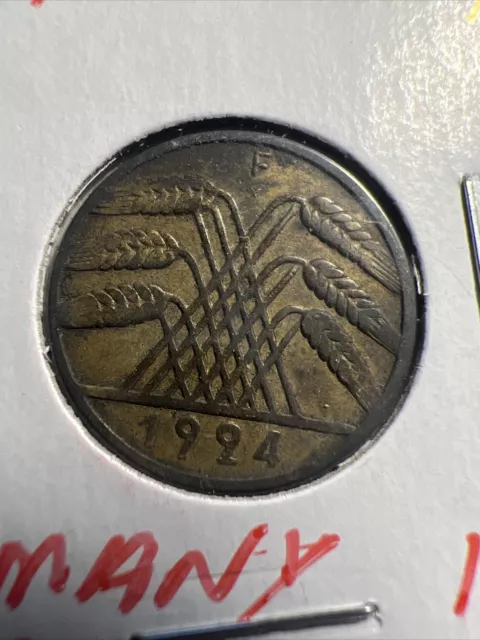 1924 F Germany 10 Reichspfennig Coin Berlin Mint Harder Date Z1251