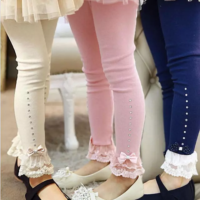 Girls Rhinestone Leggings Spring Fall Children Lace Trim Ruffle Princess Kids