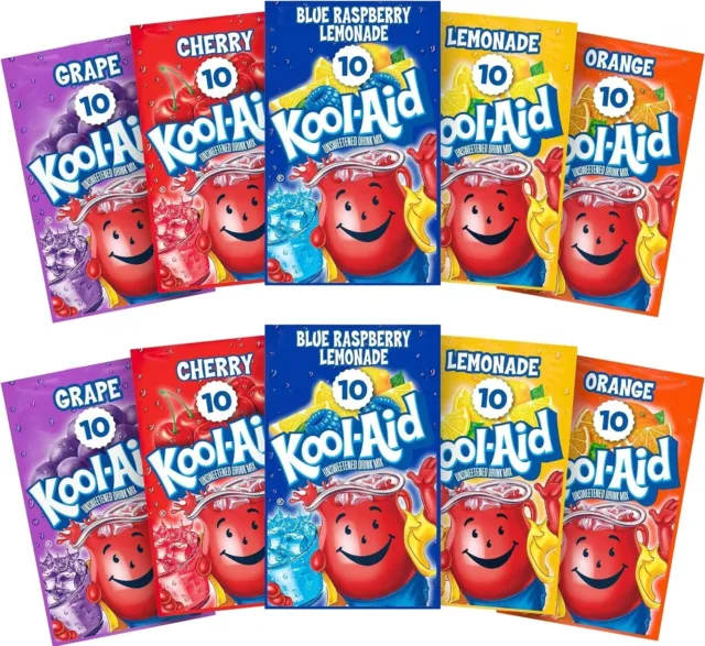 Kool Aid Grape/Cherry/Raspberry/Lemon/Orange Powdered Drink 10x4.2g - 10 Pack