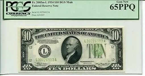 FR 2005m-L Mule 1934 $10 Federal Reserve 65 PPQ Gem New