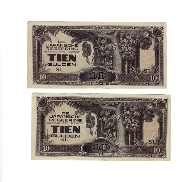 2 X 1942 Netherlands East Indies - Japan Invasion Money 10 Gulden Banknote #5...