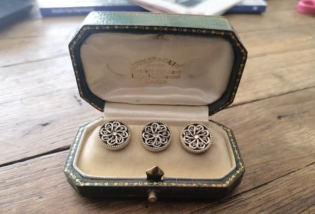 3 Boutons De Chemise Anciens Risler & Carré - Vers 1900, Argent Sterling, Doré, Avec écrin D'origine - Occasion