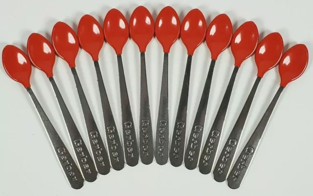 GERBER Lot of 12 baby spoons soft tip bite Made In USA Stainless Red Infant NEW!