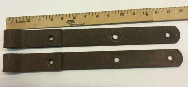 2 Vintage 15'' Farm Barn Door Gate Hand Forged Strap Hinges Great Rust Patina