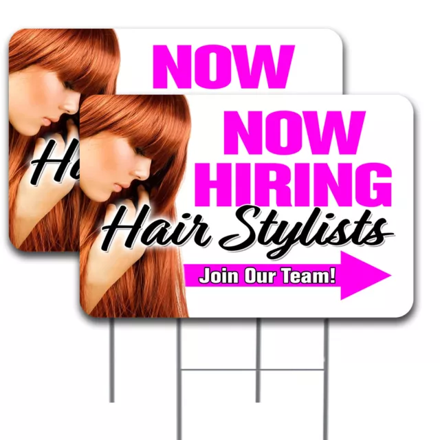 Now Hiring Hair Stylists  2 Pack Double-Sided Yard Signs 16" x 24" with Metal St