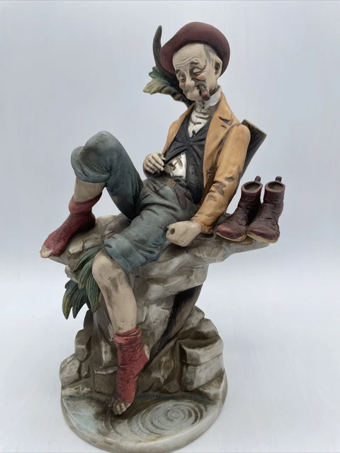 VTG Ceramic Figurine Sleeping Elderly Man on Bench & Fishing -11" Gift Quality