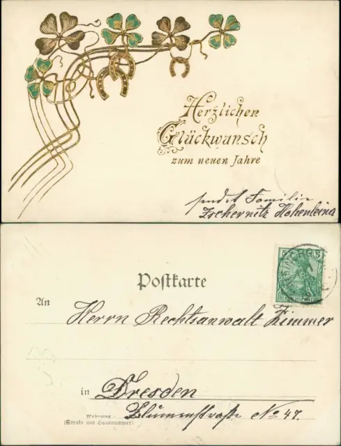Neujahr - Jugenstil - Kleeblatt, Hufeisen - Präge-Gold 1902 Goldrand