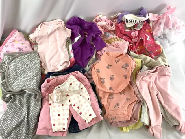 40 Pc Lot of Baby Girl NB, 0 to 3 Mo Basics: Swaddle Me, Carters, Onsies, Gerber