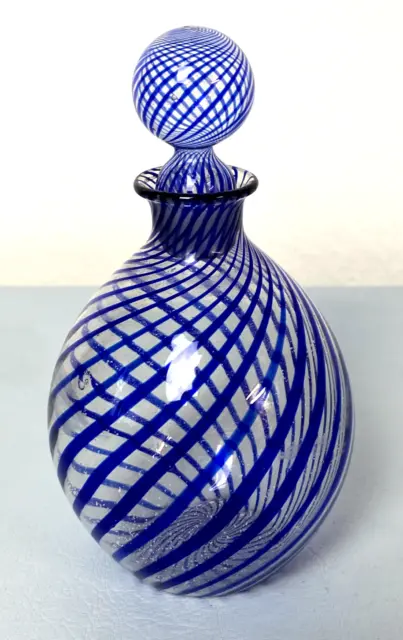 MURANO 🇮🇹 ITALY Glass Perfume Bottle with Stopper Blue Swirl Stripes