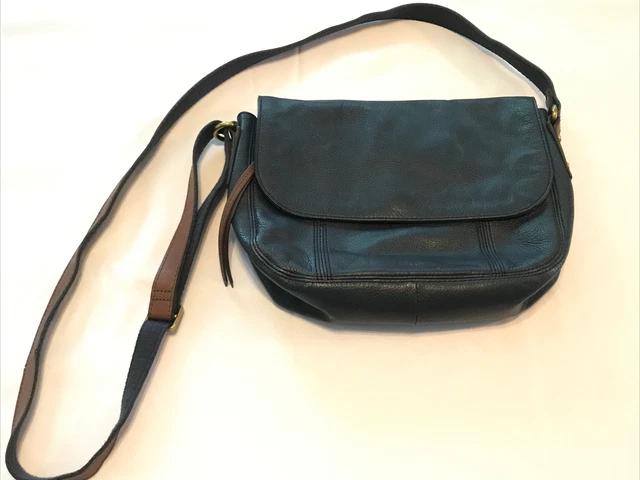 Fossil Navy Blue Leather Crossbody Purse Bag Brown Accents 8” x 12”