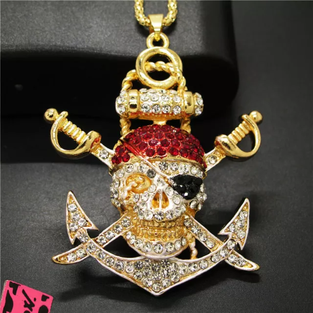 New  Betsey Johnson Red Cool Pirate Skull Rudder Crystal Pendant Chain Necklace