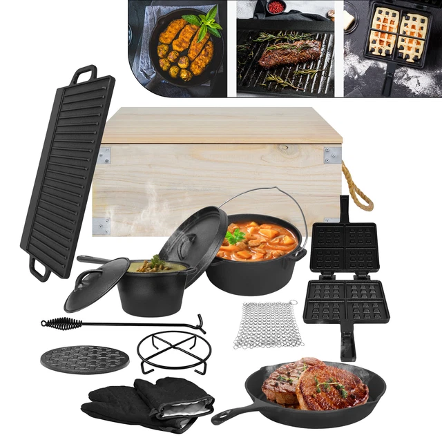 Kochtopf 11-tlg Dutch Oven Set Topf mit Holzkiste Grillplatte Gusseisen Campen