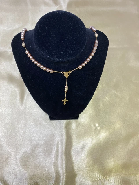 Women Necklace Rosary Mocha Color Beads: 14K Yellow Gold Plated 21" Gifts