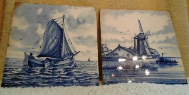 2 Vintage Delft Blue & White Tiles Sailboat and Light House 6 x 6 Inches Marked