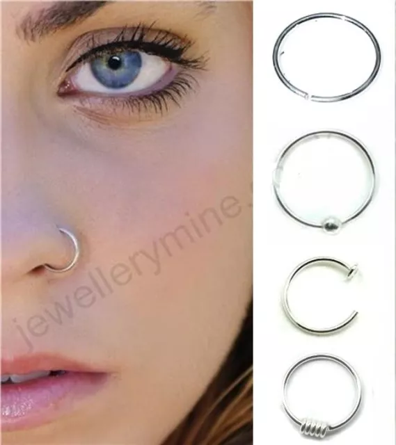 Sterling Silver Nose Ring Hoop 8mm 10mm Small Thin Piercing Stud Body Jewellery
