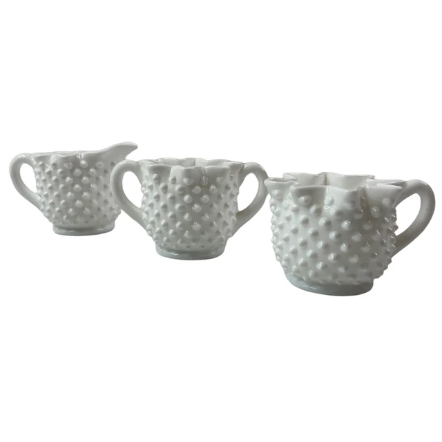 Fenton Hobnail Milk Glass Sugar Bowl and 2 Creamers White Star Crimped Ruffled