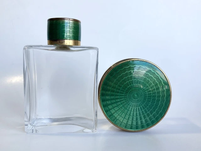 German Vintage Antique Green Guilloche lid Vanity Bottle & Jar German Vintage Antique Green Guilloche lid Vanity Bottle & Jar