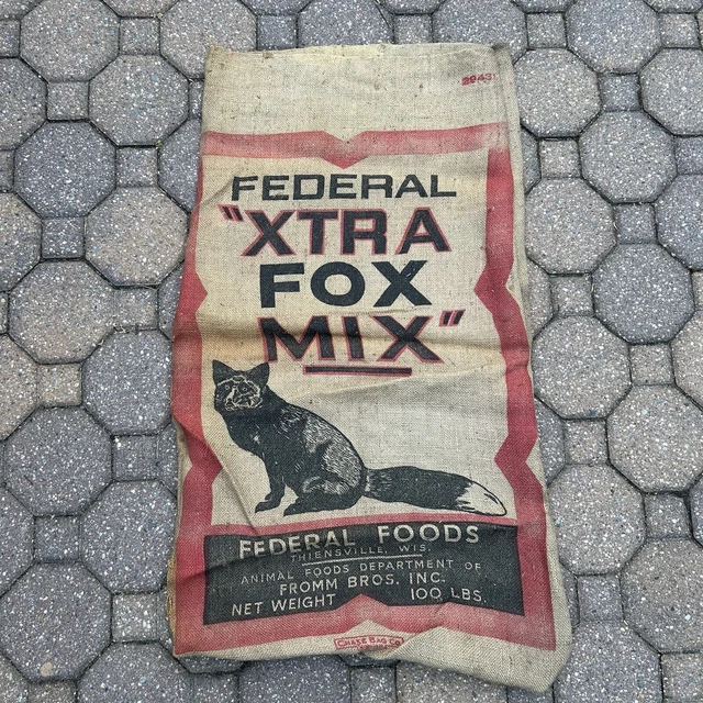 Vintage Federal Xtra FoxFood Mix Gunny Sack Burlap Feed Bag 100 lb.  Fromm Bros.