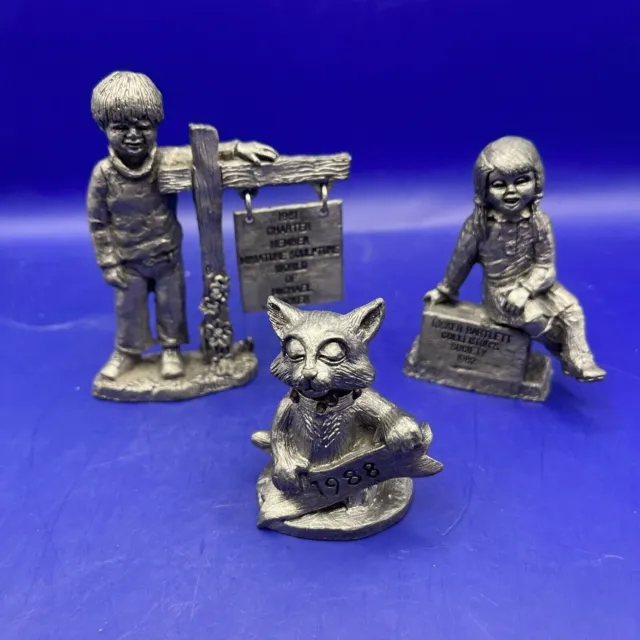 Set Of 3 Solid Pewter Figurines Boy Girl Cat Mini Sculptures Ricker Collectible