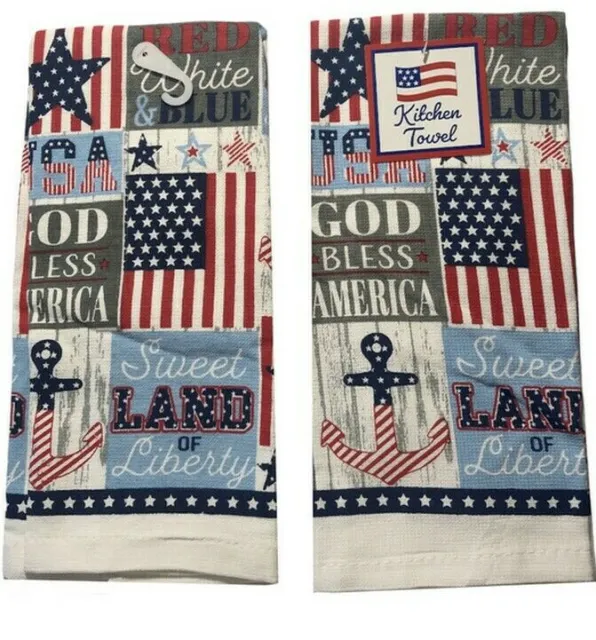 July 4th Kitchen Dish Towels Set of 2 Stars Stripes Red White Blue Patriotic