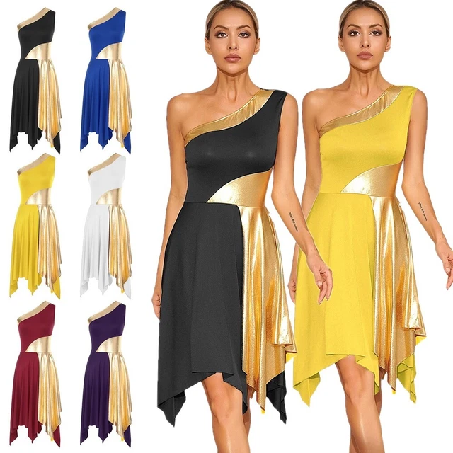 Women Color Block One Shoulder Dress Liturgical Worship Praise Dance Dress