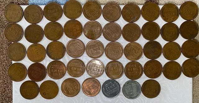 1 US Lincoln Wheat Cent Penny Roll 1917-S/1909 VDB AU/UNC (50 Coins) Old Vintage 10